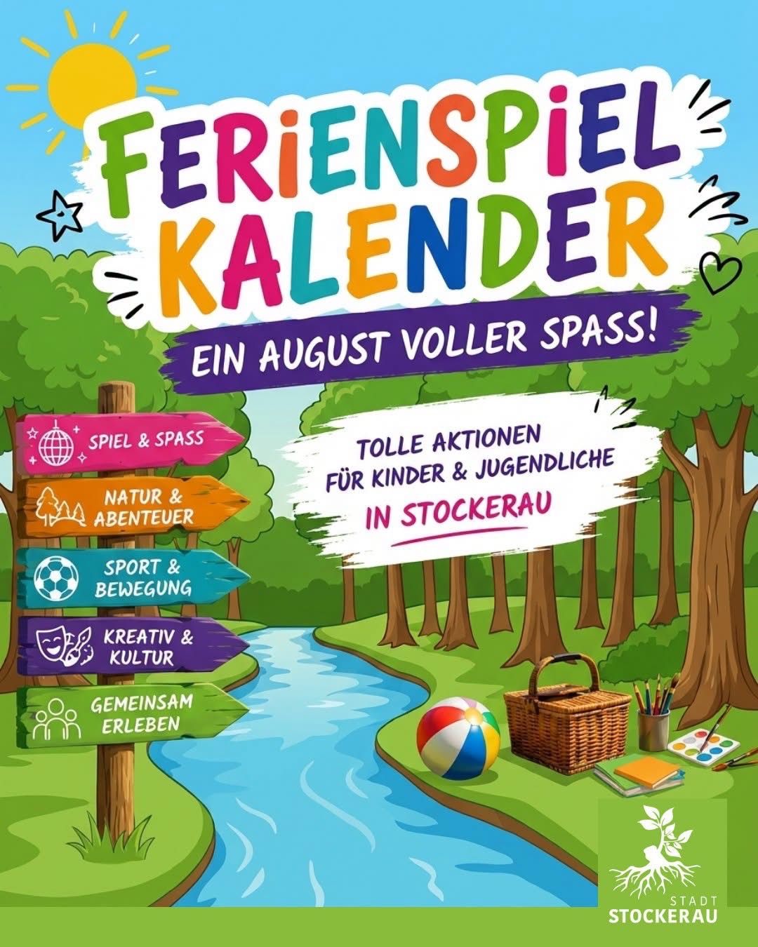 Illustration eines farbenfrohen Sommerkalenders für Kinder und Jugendliche. Er bietet verschiedene Aktivitäten wie Sport, Naturerkundung und kreative Künste. Der Kalender ist in einem Park mit einem Fluss, Bäumen und einem Picknick-Setup angesiedelt.