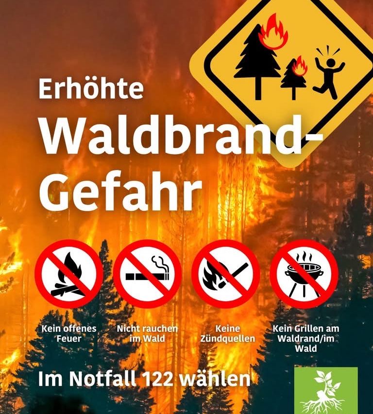 Ein Warnschild für erhöhte Waldbrandgefahr mit Verboten von offenem Feuer, Rauchen und Grillen im Wald, vor dem Hintergrund eines brennenden Waldes.