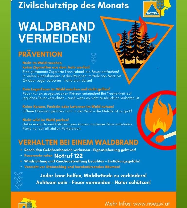 Ein Plakat mit blauem Hintergrund warnt vor der Verhinderung von Waldbränden. Es rät davon ab, im Wald zu rauchen, offene Flammen zu verwenden und im Wald zu parken. Es gibt auch Sicherheitstipps für den Fall eines Waldbrandes.