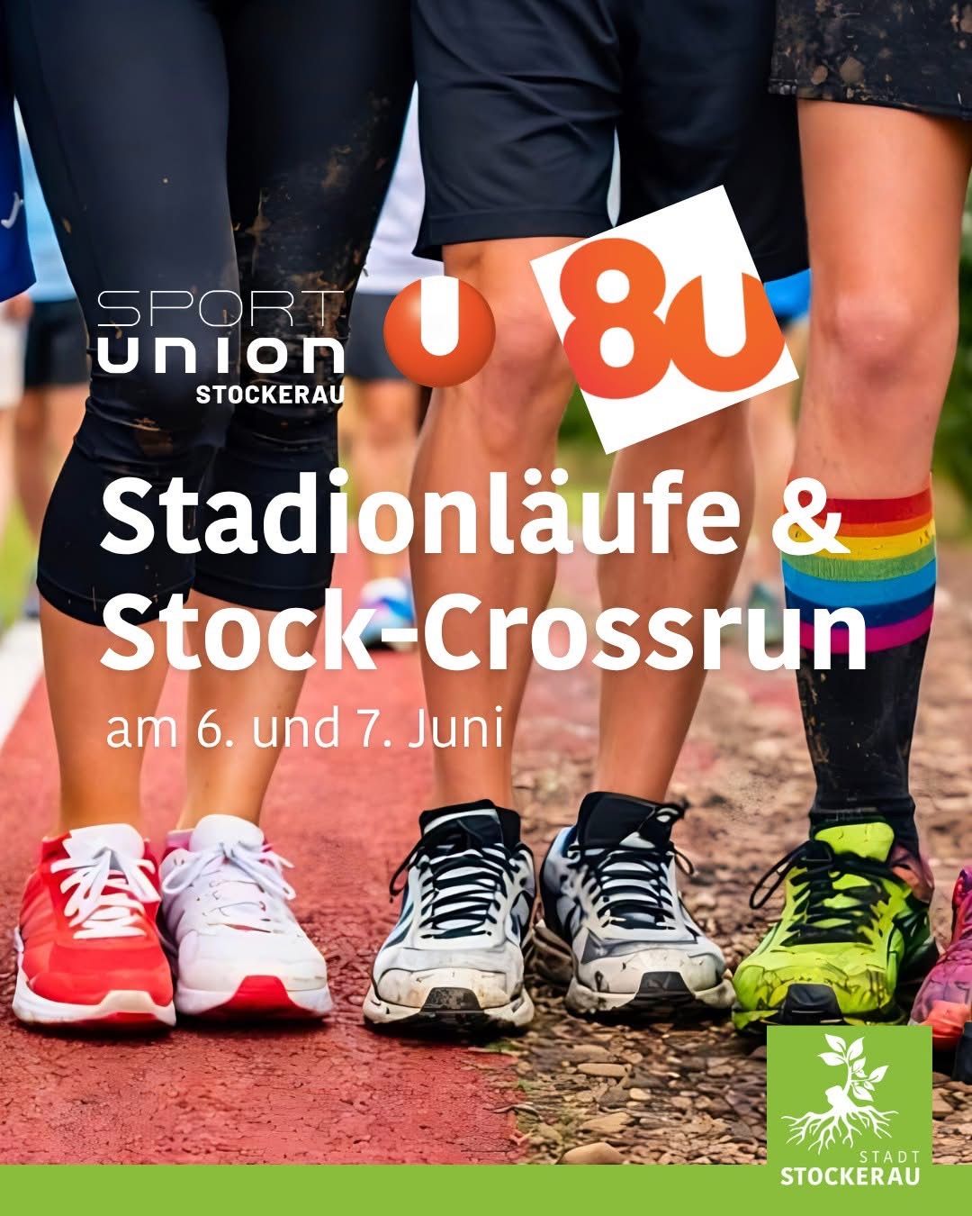 A poster for Stadionlaufe and Stock-Crossrun shows legs in athletic wear. It mentions the event on June 6 and 7.