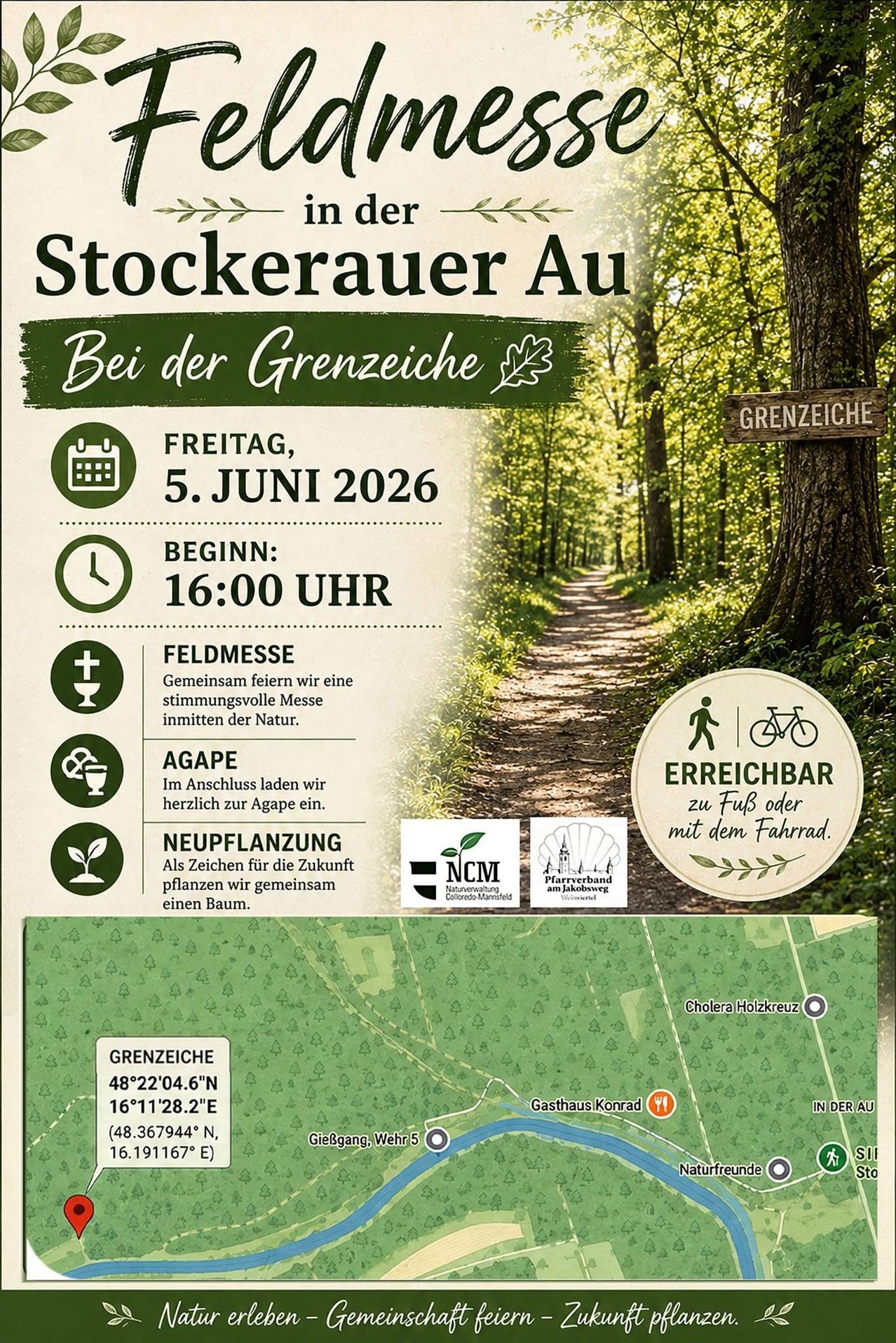 Stockerauer Au. At the border. Friday, June 5, 2026. Start: 16:00. Agapanthus celebration, nature gathering, tree planting. Reachable by foot or bike.