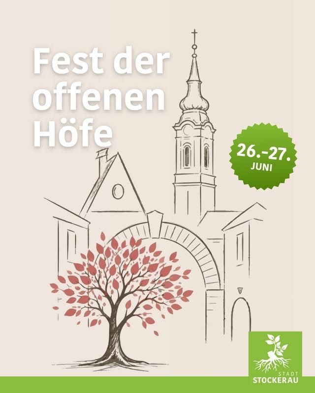 Plakat für 'Fest der offenen Höfe' am 26. und 27. Juni mit einer Kirche, einem Baum und einem Logo.
