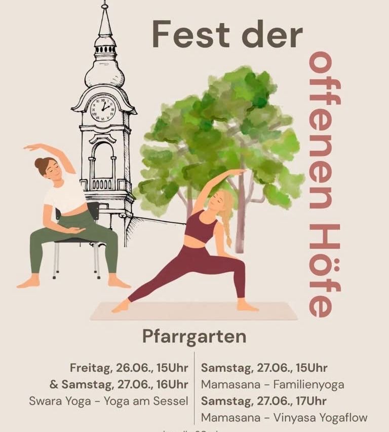 Plakat mit zwei Frauen, die Yoga im Freien praktizieren. Im Hintergrund steht ein Uhrturm und ein Baum. Veranstaltungen am 26. und 27. Juni 2020.
