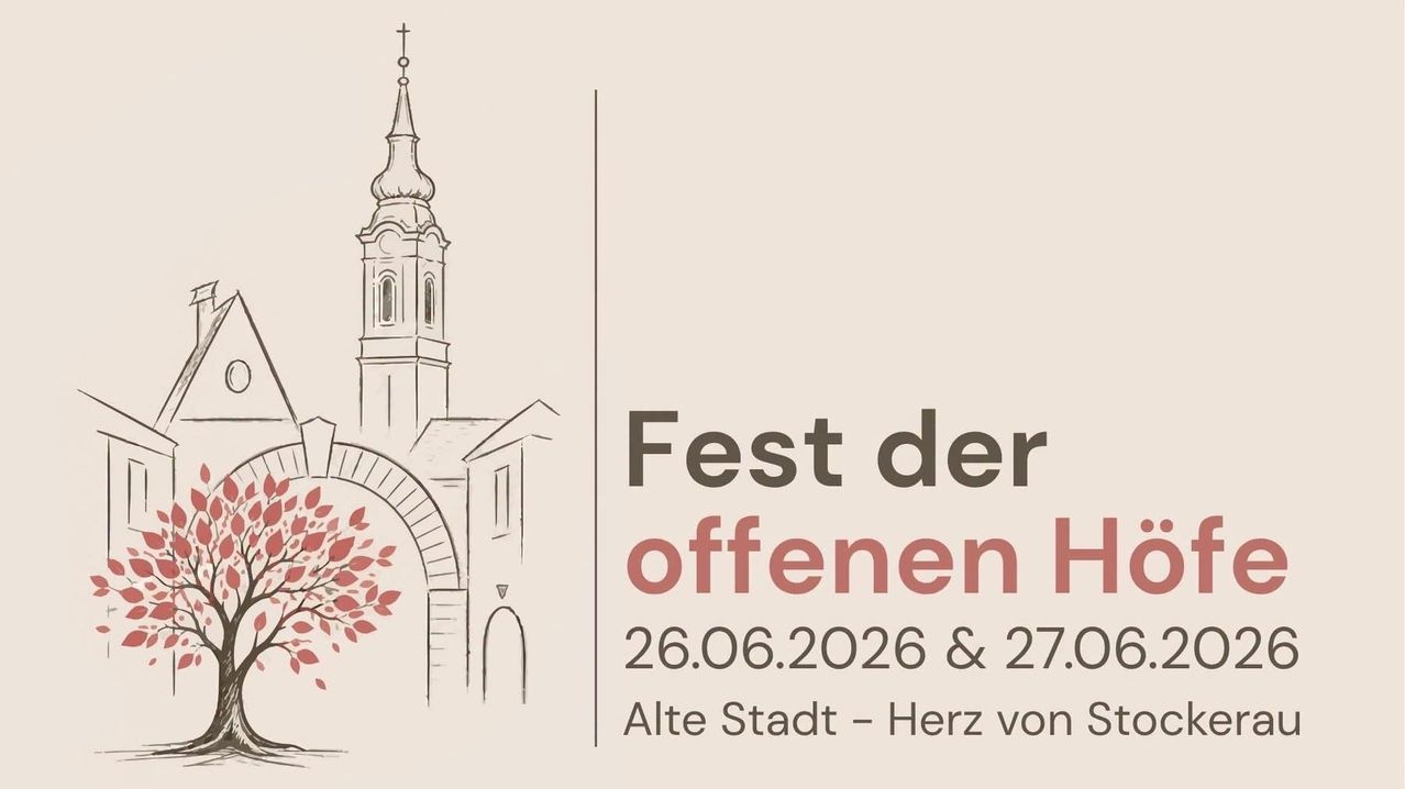 Zeichnung eines Kirchturms. Text lautet 'Fest der offenen H.' und '26.06.2026 & 27.06.2026 Alte Stadt - Herz von S.'