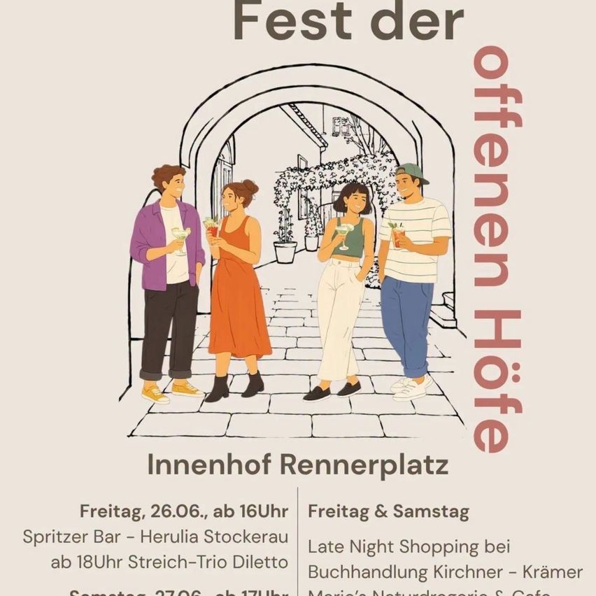 Plakat für das Fest der offenen Höfe. Es zeigt eine Illustration von Menschen, die Cocktails trinken, und erwähnt die Spritzer Bar, Herulia Stockerau und das Late Night Shopping.