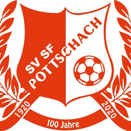 Das Logo eines Fußballvereins SVSF Pottschach mit einem Fußball in der Mitte und einem roten und weißen Farbschema. Es enthält die Jahre 1920 und 2020.