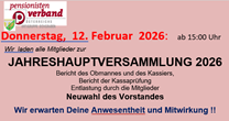 Pink poster with 'Donnerstag, 12. Februar 2026: ab 15:00 Uhr' at the top. Below is 'JAHRESHAUPTVERSAMMLUNG 2026'. Sections include Chairman and Treasurer's report, Auditor's report, Member's reception, and Board election. 'We expect your presence and contribution!' at the bottom.