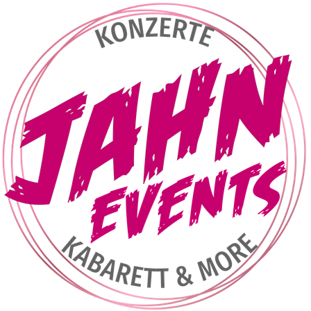 Ein Logo für Jahn Events mit schwarzem Hintergrund, einem violetten Kreis und Text in fetter pinker Schrift. Die Wörter 'Konzerte' und 'KABARET & MORE' sind in Weiß.