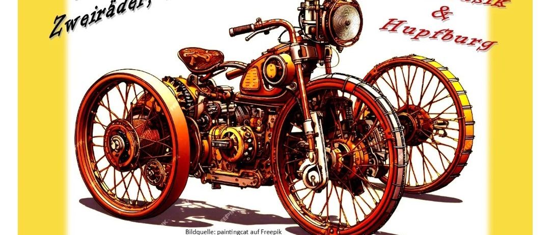 Ein Plakat für den Oldtimer Schrimper mit einer alten Motorräder. Veranstaltungsdetails beinhalten Ort, Zeit und Live-Musik von Bernd Kurek.
