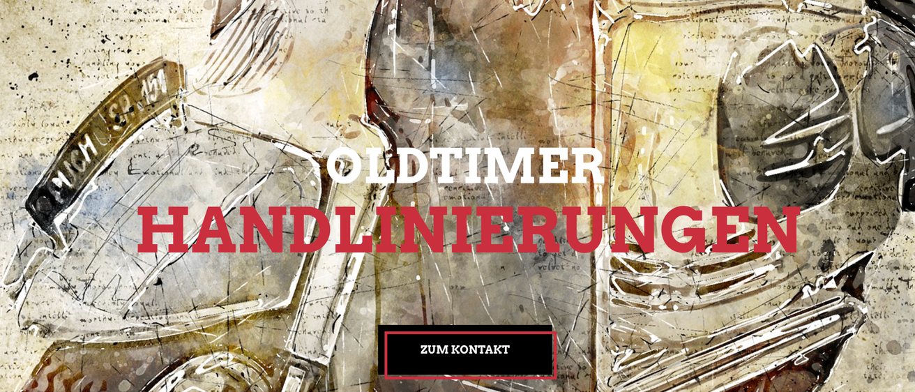 Eine Werbung für Oldtimer und Linierun zeigt einen Aquarelleffekt mit einem schwarzen Kasten, der 'Zum Kontakt' steht. Der Text ist in roten und weißen Schriften. Der Hintergrund ist braun und gelb.