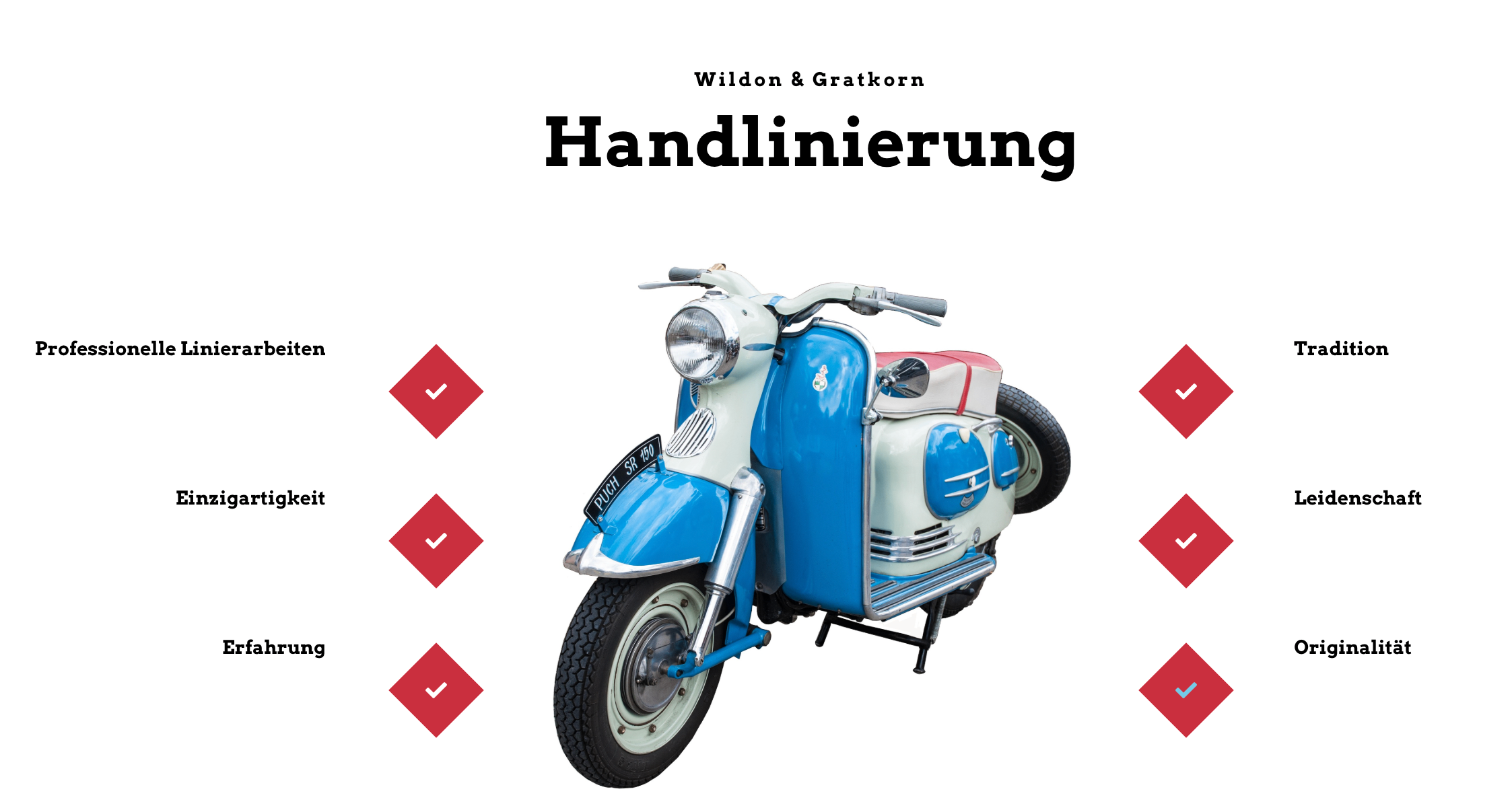 Ein blau-weißer Vintage-Roller mit einem Nummernschild, auf dem PUCH SR 790 steht. Der Roller hat drei rote Häkchen um ihn herum. Der Text oben lautet Wildon & Gratkorn Handlinienerung.