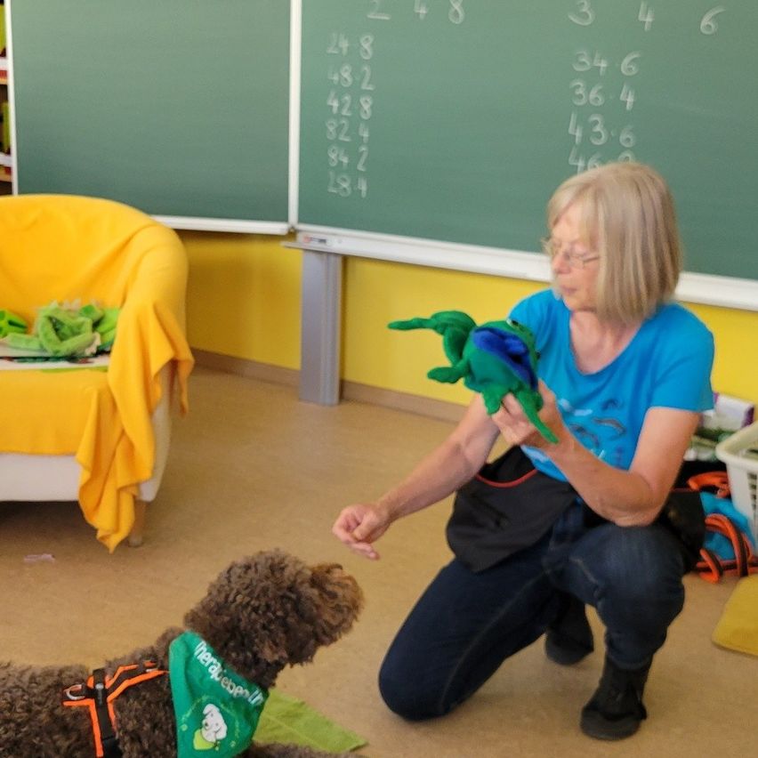 Eine Frau hockt neben einem Hund, der einen grünen Plüschfrosch hält. Der Hund trägt ein Halsband und sitzt auf einem Teppich. Ein gelber Stuhl und eine Tafel sind im Hintergrund.