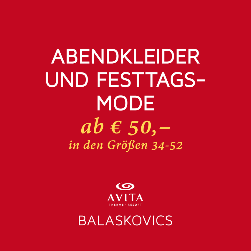 Rotes Plakat bewirbt Abend- und Festtagskleidung im Avita Themenresort. Preise ab 50 Euro und Größen von 34 bis 52. Mit Avita-Logo.
