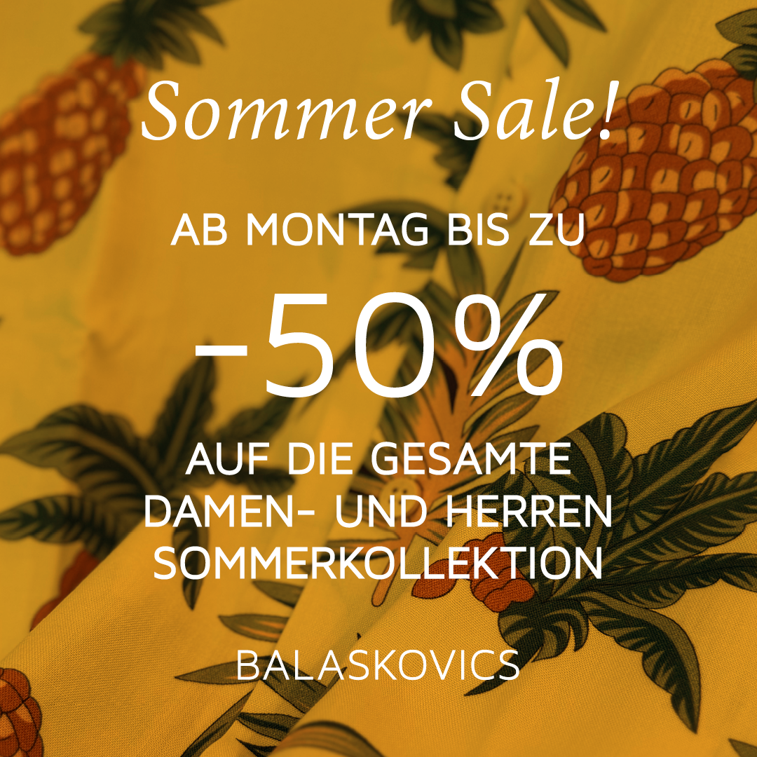 Werbebanner für einen Sommerverkauf mit gelbem Hintergrund, dargestellt durch Ananas und Blätter. Es steht 'Sommer Sale!' mit einem Rabatt von 50% auf die gesamte Sommerkollektion.