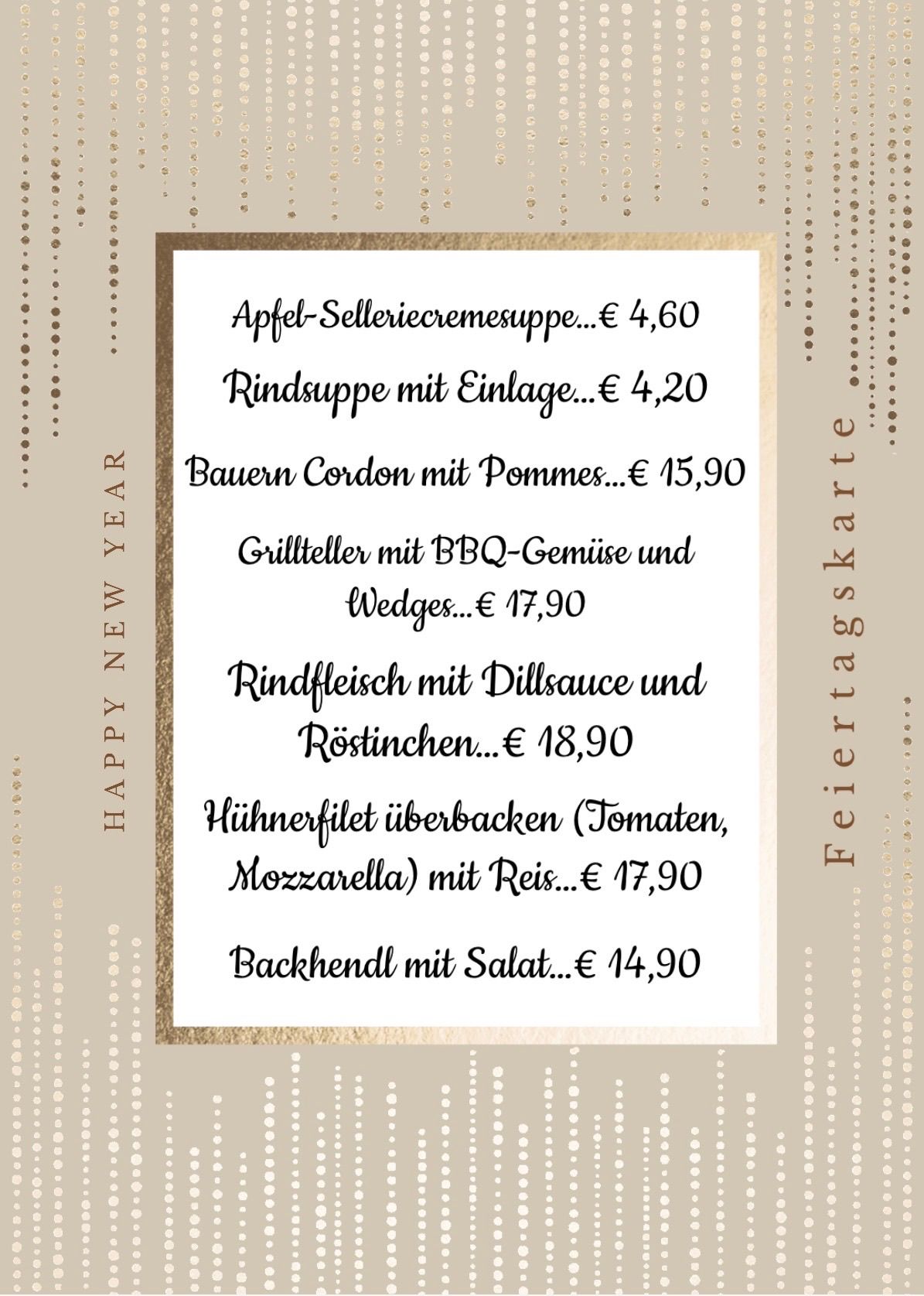 Frohes neues Jahr Karte mit einem Menü, das verschiedene Gerichte wie Apfel-Selleriecremesuppe, Rinderroulade und mehr auflistet, alle mit Preisen.