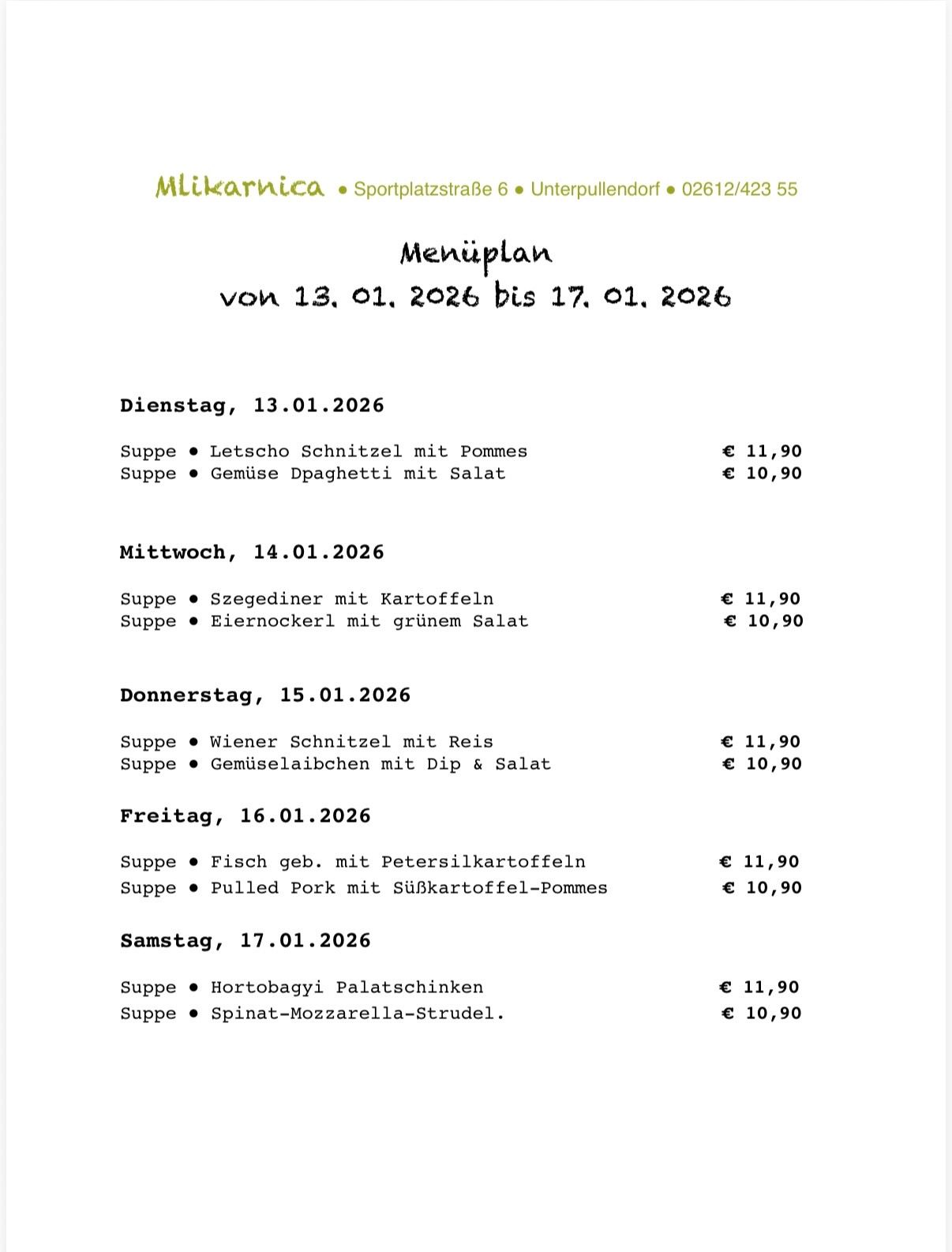 Menüplan vom 13.01.2026 bis 17.01.2026. Suppenoptionen und Preise für jeden Tag aufgelistet.