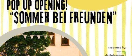 An advertisement for a pop-up opening event. It features a vibrant image of a building, a food truck, and a lemon on a yellow background. The text highlights cool drinks, tasty food, and unique flair.