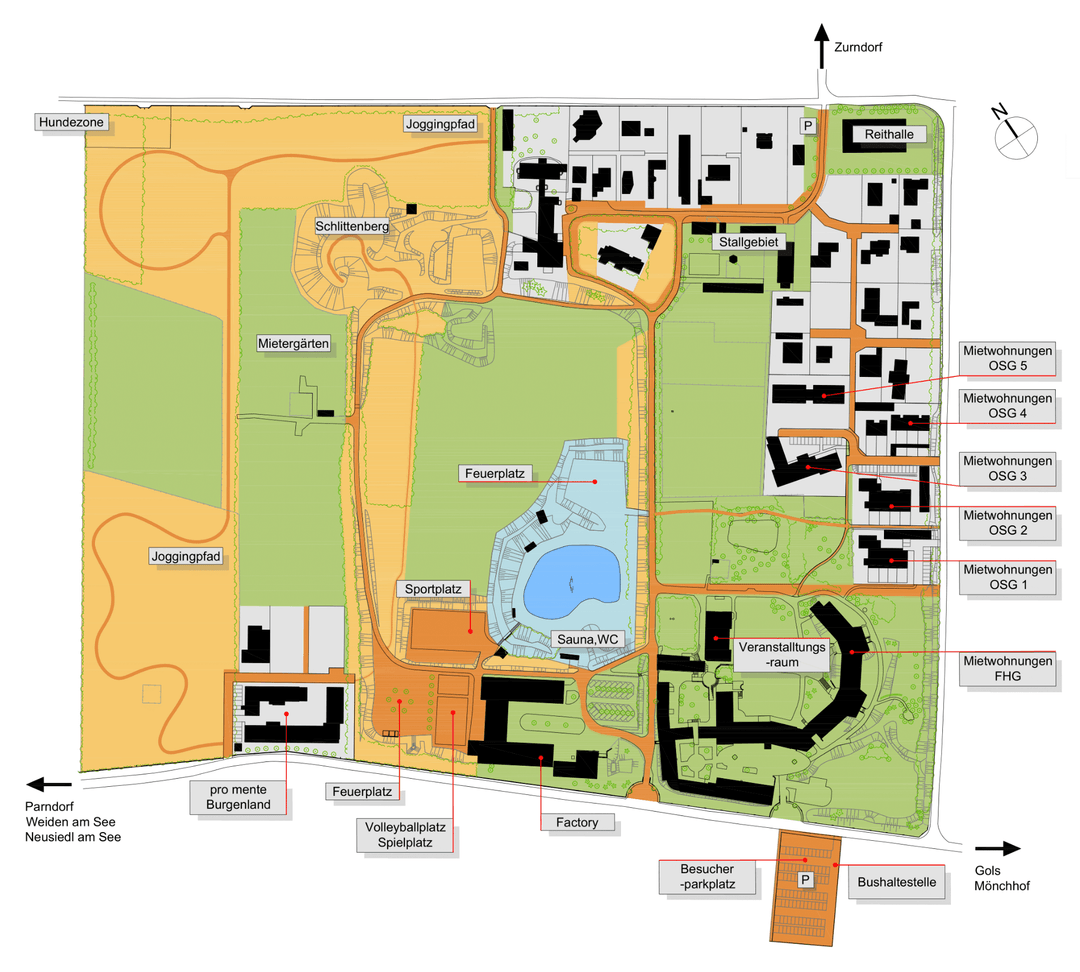 Karte von Zumdorf mit Wohngebieten, Sportanlagen und Annehmlichkeiten. Beinhaltet Joggingwege, ein Sportfeld, ein Schwimmbad, eine Sauna, ein Wellnesszentrum und einen Besucherparkplatz.