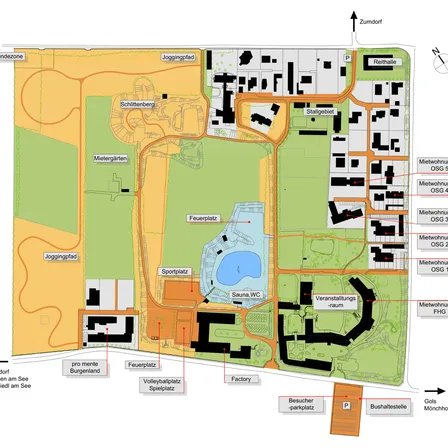 Karte von Zumdorf mit Wohngebieten, Sportanlagen und Annehmlichkeiten. Beinhaltet Joggingwege, ein Sportfeld, ein Schwimmbad, eine Sauna, ein Wellnesszentrum und einen Besucherparkplatz.