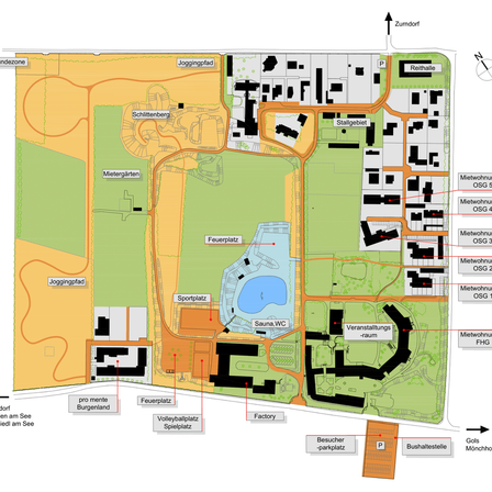 Karte von Zumdorf mit Wohngebieten, Sportanlagen und Annehmlichkeiten. Beinhaltet Joggingwege, ein Sportfeld, ein Schwimmbad, eine Sauna, ein Wellnesszentrum und einen Besucherparkplatz.