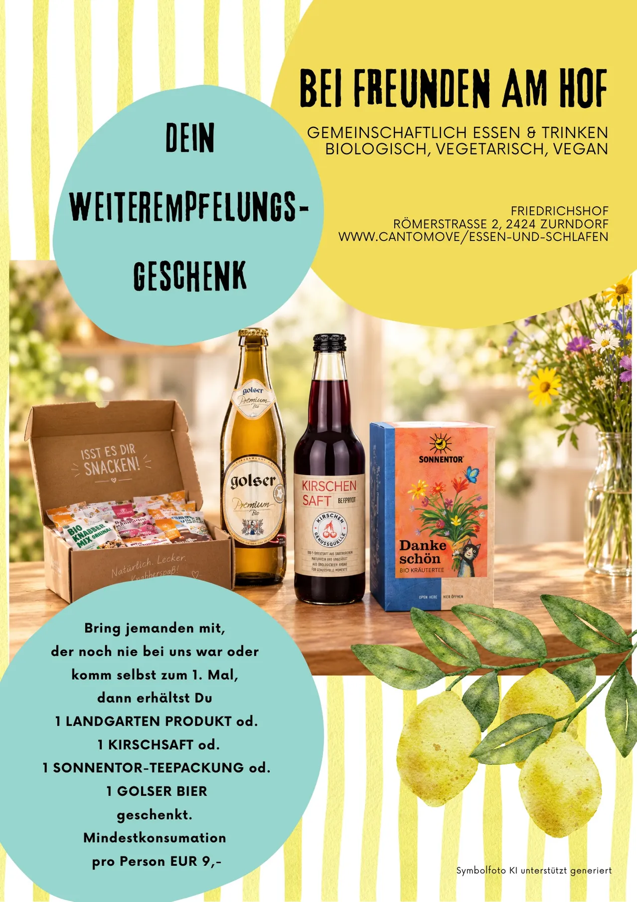 Ein Werbebild für ein Geschenkset mit einer Schachtel Snacks, zwei Getränkeflaschen und einer Schachtel Kräutertee. Das Bild zeigt einen Tisch mit einer Vase mit Blumen und Zitronen.