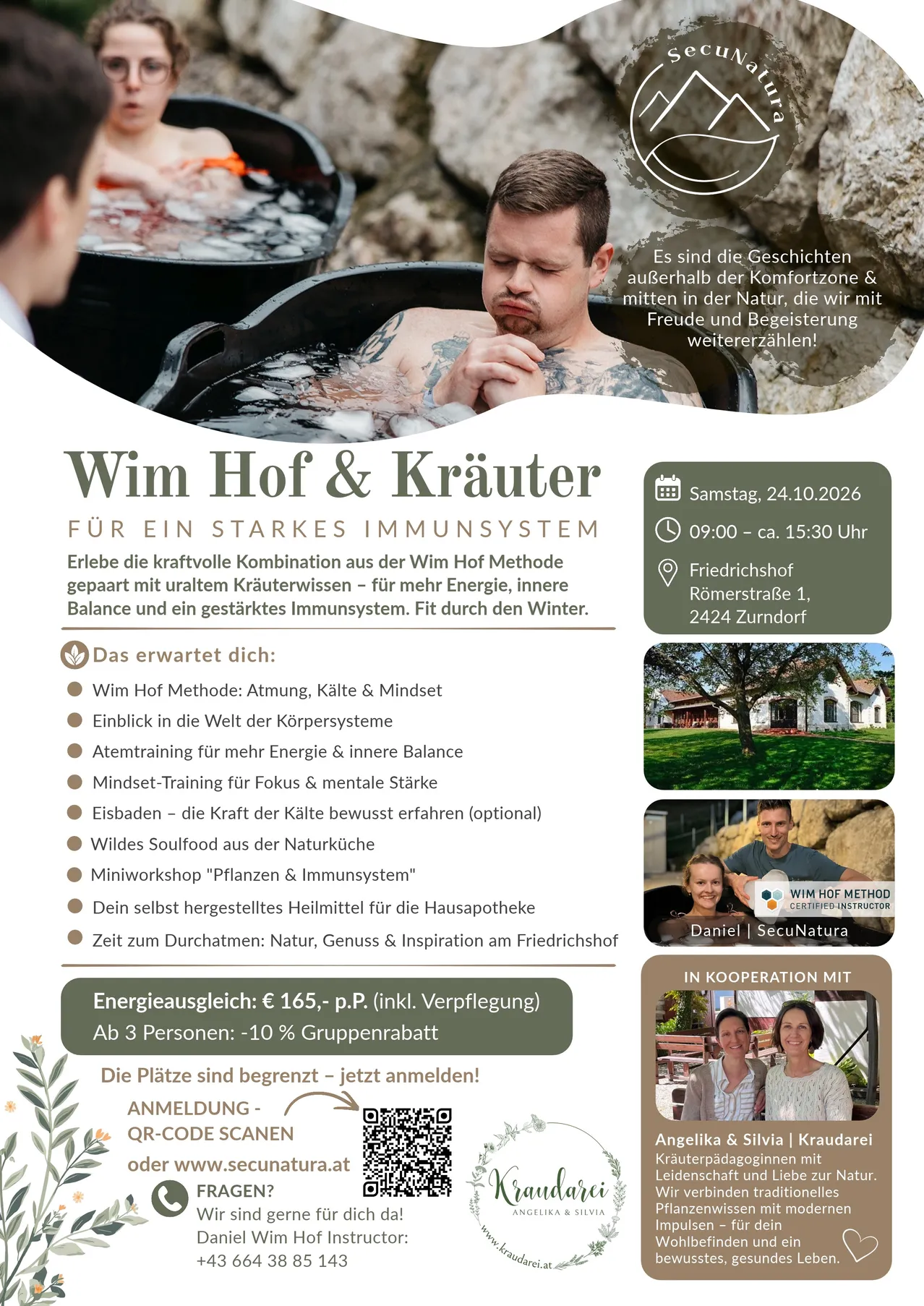 Plakat für Wim Hof & Kräuter-Event, zeigt einen Mann in einer Wanne mit Eiswasser und fördert ein starkes Immunsystem durch Wim Hof Methode und Kräuterwissen.