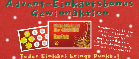 Ein Werbeplakat für eine 'Gewinnaktion'. Punkte werden durch Einkäufe bei verschiedenen teilnehmenden Geschäften gesammelt. Die Aktion endet am 23.12.2025. Verschiedene Geschäfte sind für die Punktesammlung aufgeführt.