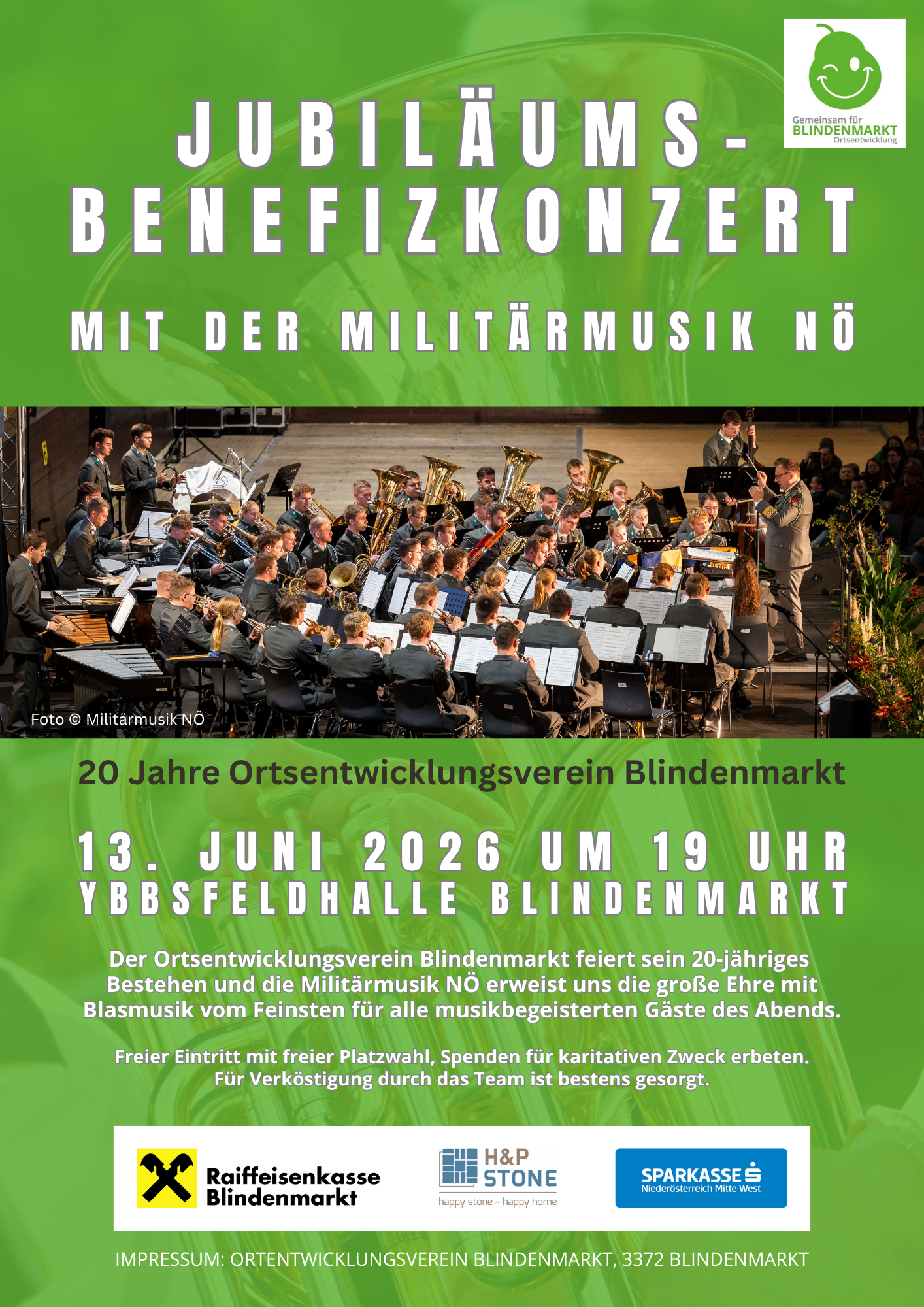 Ein Plakat für ein Benefizkonzert mit Militärmusik NO. Das Konzert ist in der Ybbsfeldhalle Blindenmarkt am 13. Juni 2026 um 19 Uhr. Das Poster zeigt eine Band auf der Bühne.