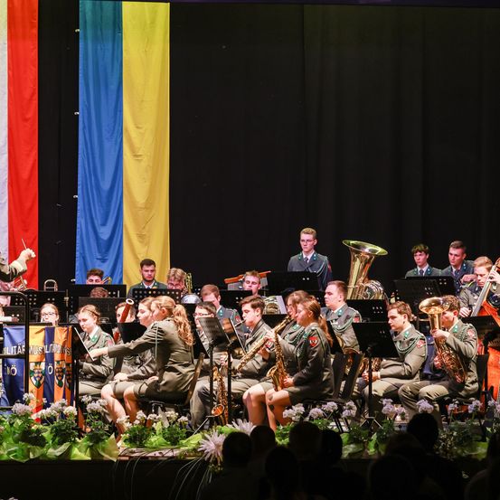 Ein Militärorchester spielt auf der Bühne mit dem rumänischen Flaggenhintergrund, wobei die Musiker verschiedene Instrumente spielen und ein Publikum zuschaut.