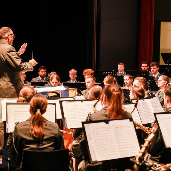 Ein Orchester spielt auf der Bühne. Der Dirigent führt die Gruppe an. Musiker spielen verschiedene Instrumente, während andere Noten lesen.