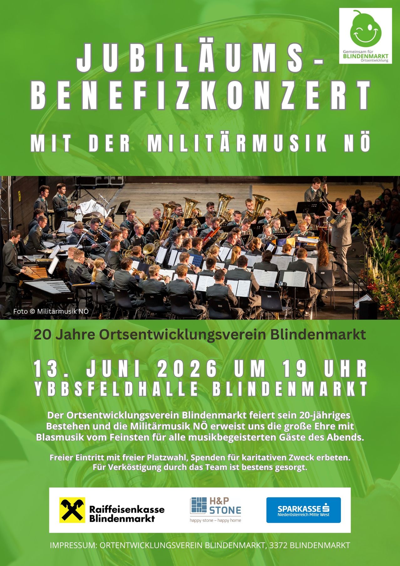 A poster for a benefit concert featuring the Military Music of NO on June 13, 2026, at Ybbsfeldhalle, Blindenmarkt. The event celebrates the 20th anniversary of the Blindenmarkt Local Development Association. Admission is free with a free parking spot, and donations for charitable purposes are encouraged. Food and beverage by the team are available.