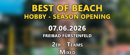 Werbeplakat für das Best of Beach Hobby Volleyball Turnier. Datum: 07.06.2026. Ort: Freibad Furstenfeld. Anmeldung: E-Mail oder Instagram. QR-Code zum Scannen.