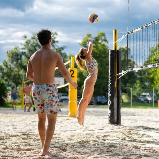 Bild enthält, Shorts, Back, Person, Adult, Male, Man, Female, Woman, Volleyball (Ball), Swimwear