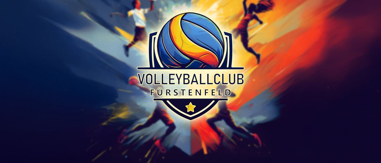 Eine dynamische Illustration zeigt das Logo eines Volleyballclubs mit aktiven Spielern, einem lebhaften Ball und einem feurigen Hintergrund.