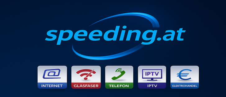 Das Logo von Speeding.at zeigt blauen und weißen geschwungenen Text auf einem dunkelblauen Hintergrund, darunter Icons für Internet, Glasfaser, Telefon, IPTV und Elektrohandel.