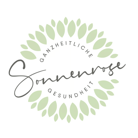 Ein kreisförmiges Logo mit dem Text 'Ganzheitliche Gesundheit' und umliegenden Blättern, mit 'Sonnenrose' in kursiver Schrift in der Mitte.
