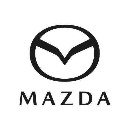 Das Mazda-Logo besteht aus einem runden Emblem mit einem stilisierten Buchstaben M in der Mitte, umgeben von zwei gebogenen Linien. Der Wort 'MAZDA' ist in großen, fetten Buchstaben unter dem Logo angezeigt.