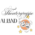 Das Logo der Theatergruppe Alland zeigt stilisierten Text und zwei Masken mit Sternen darum. Der Text ist kursiv und stilisiert, mit 'Theatergruppe' über den Masken geschrieben. Die Masken schauen sich mit Ausdrücken von Freude und Traurigkeit an.