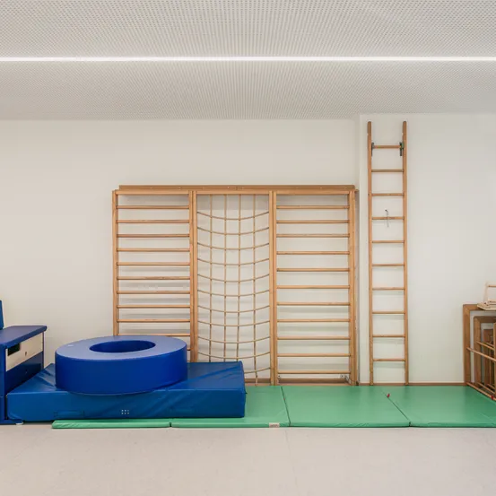Ein leerer Raum mit weißer Wand, blauer Matte mit blauem Ring, hölzerne Leiter und hölzernes Klettergerüst.