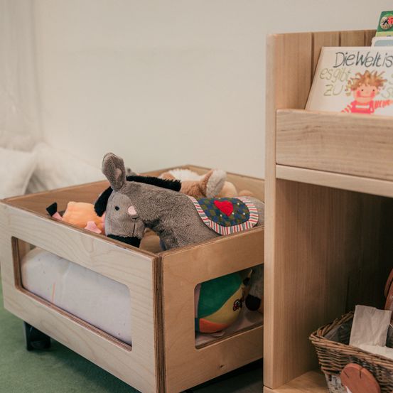Eine Holzkiste mit Spielzeug, darunter ein Plüsch-Esel und andere Kuscheltiere. Daneben steht ein Bücherregal mit einem Buch. Ein Korb steht neben dem Regal.