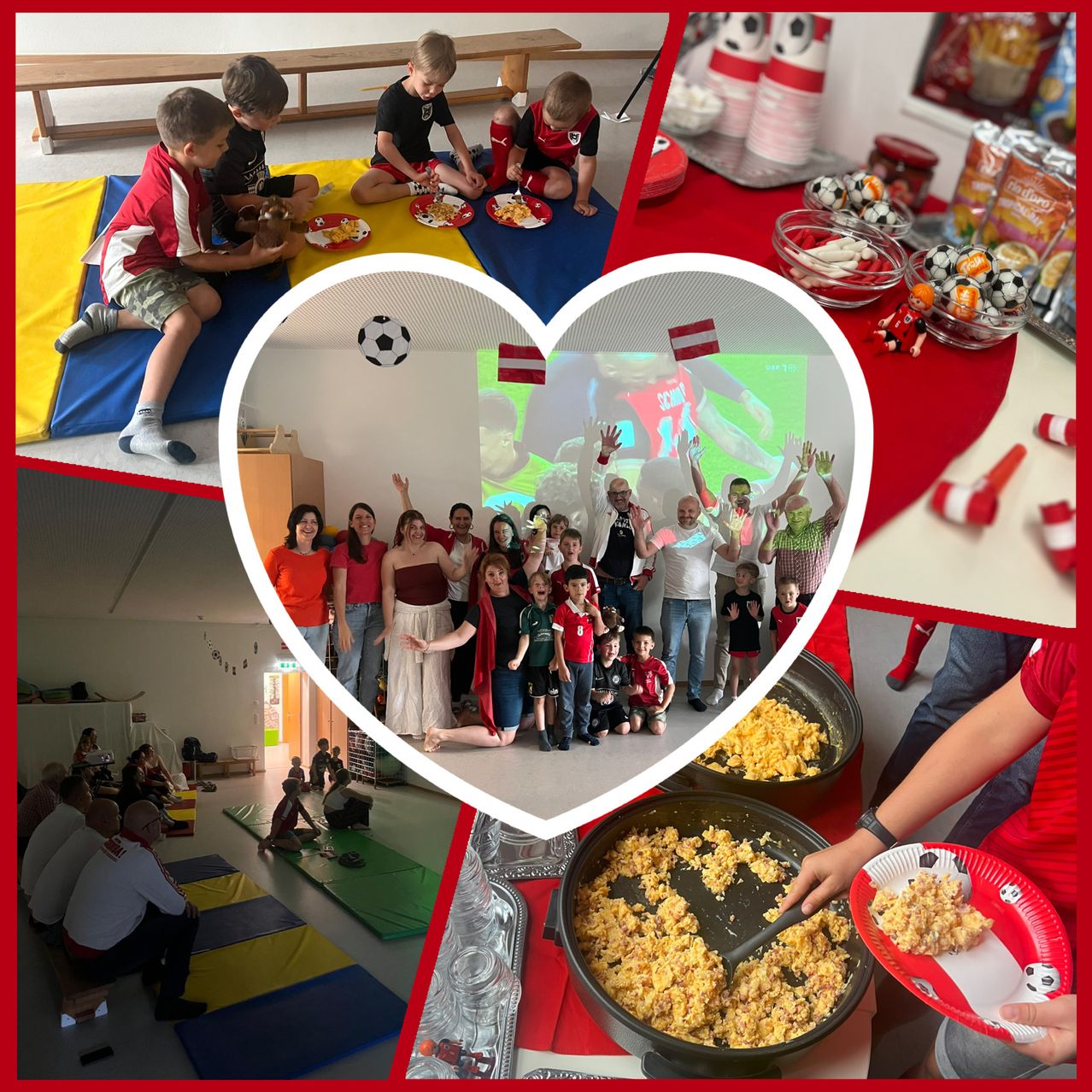 Eine Collage von Fotos zeigt Kinder beim Essen, eine Gruppe von Menschen und eine Person, die mit einem Fußball im Hintergrund kocht. Die Umgebung umfasst farbenfrohe Matten, eine Projektionsleinwand und Partydekorationen.