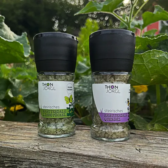 Zwei Glasflaschen mit schwarzen Deckeln stehen auf einem Holztisch, umgeben von grünen Blättern. Die Etiketten auf den Flaschen lesen 'Steirisches Kräutersalz' und 'Steirisches Kräutersalz Quedel'.