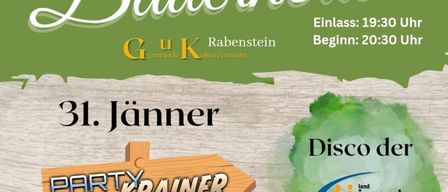 Werbeplakat für die 'Bauernball' Veranstaltung am 31. Januar. Eintritt um 19:30, Beginn um 20:30. Ausgerichtet von G&K Rabenstein. Enthält ein Holzschild für 'Party Krainer', eine Tombola und ein Schätzspiel.