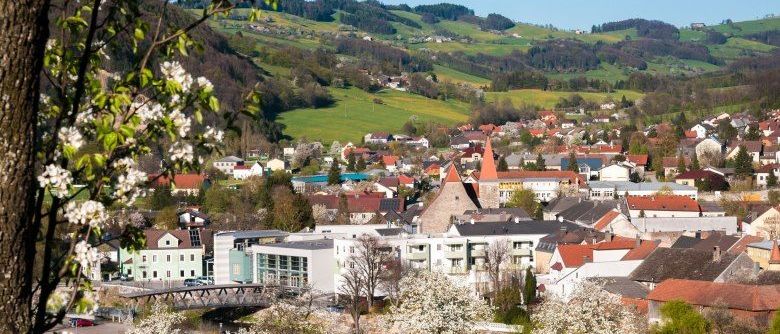 Eine Stadt mit vielen Häusern und Gebäuden ist von grünen Hügeln und Bäumen umgeben. Im Vordergrund befinden sich Bäume mit weißen Blüten. Eine Brücke überquert die Straße.