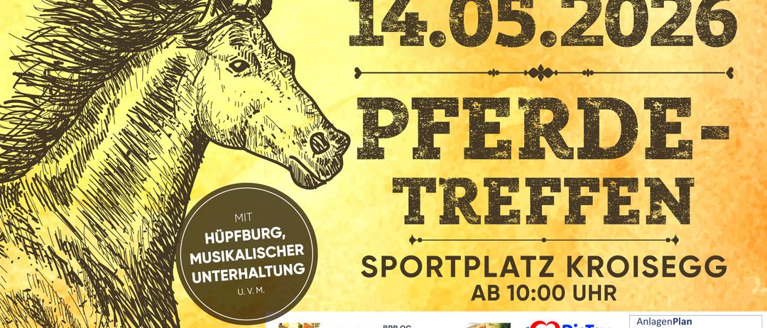 Plakat für eine pferde-thematische Veranstaltung am 14. Mai um 10:00 Uhr. Es zeigt eine Pferdezeichnung und einen gelben Hintergrund. Es beinhaltet ein Musik- und Unterhaltungsprogramm.