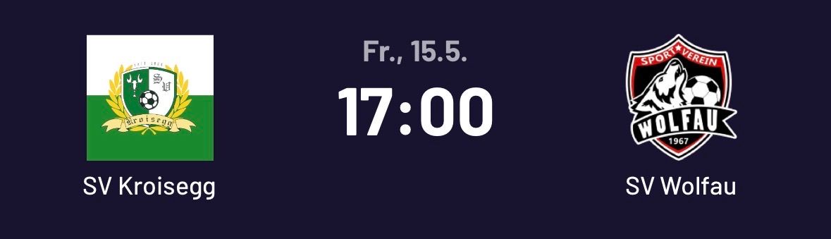 Das Fußballspiel zwischen den Teams SV Wiesengg und SV Wolfsberg ist für Freitag, den 15. Mai um 17:00 Uhr angesetzt.