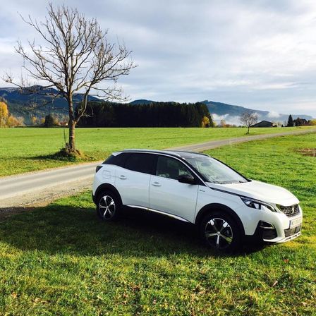 Ein weißer SUV ist auf einer Grasfläche geparkt, mit einer Straße und Bergen im Hintergrund.