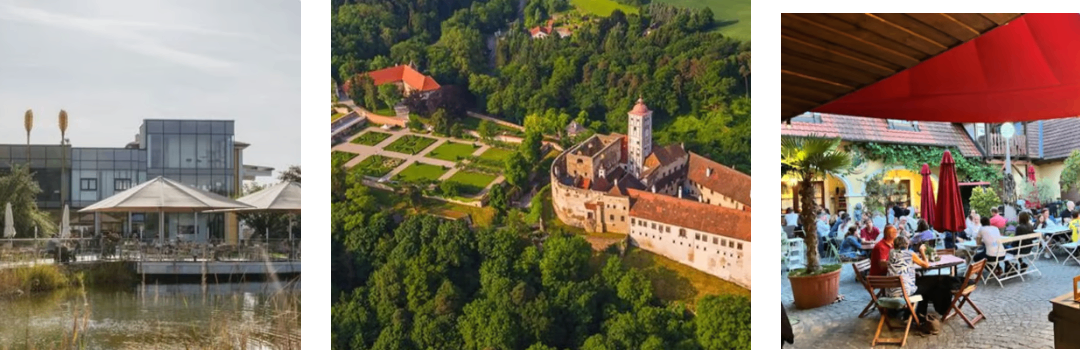 Eine Luftaufnahme einer Burg mit Turm und Garten. In der Nähe befindet sich ein modernes Gebäude mit Terrasse und Terrassendach.