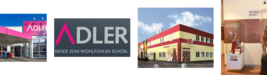 Ein Bild zeigt das Logo einer Modemarke namens Adler neben einem Bild eines rot-gelben Gebäudes mit der Aufschrift 'SCHOKO MUSEUM'.