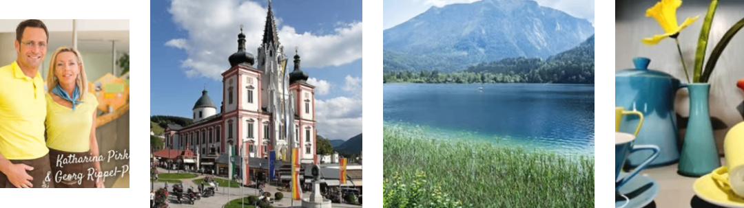 Drei Bilder zeigen eine Kirche, einen See und eine Berglandschaft. Die Kirche hat einen hohen Turm und Fahnen. Der See ist ruhig mit klarem blauem Wasser. Der Berg ist von üppigem grünem Baumbestand umgeben.